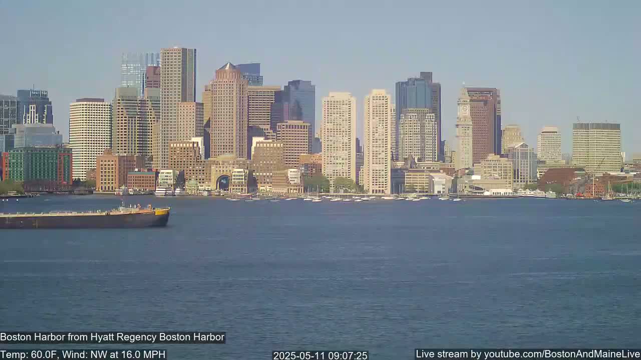 A barge sits on calm water in front of a city skyline under a clear sky.