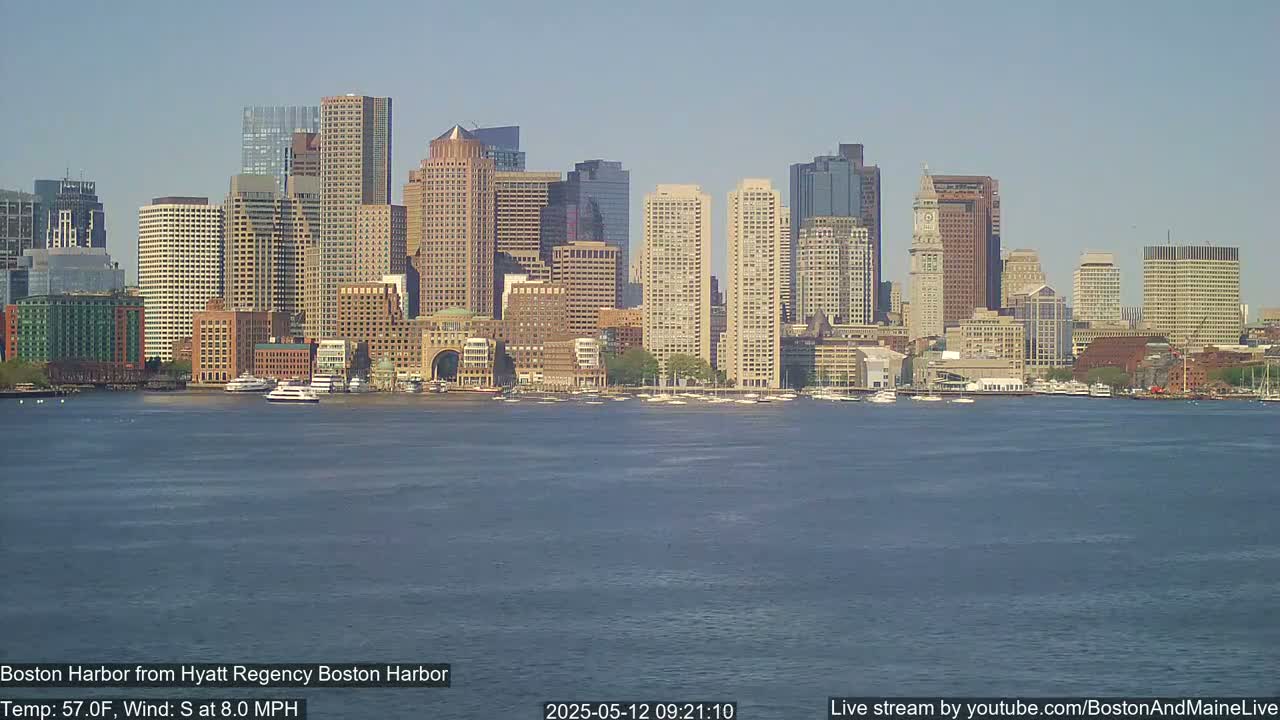 A city skyline with numerous skyscrapers is visible across a body of water on a sunny day with a south wind of 8 mph and a temperature of 57 degrees Fahrenheit.