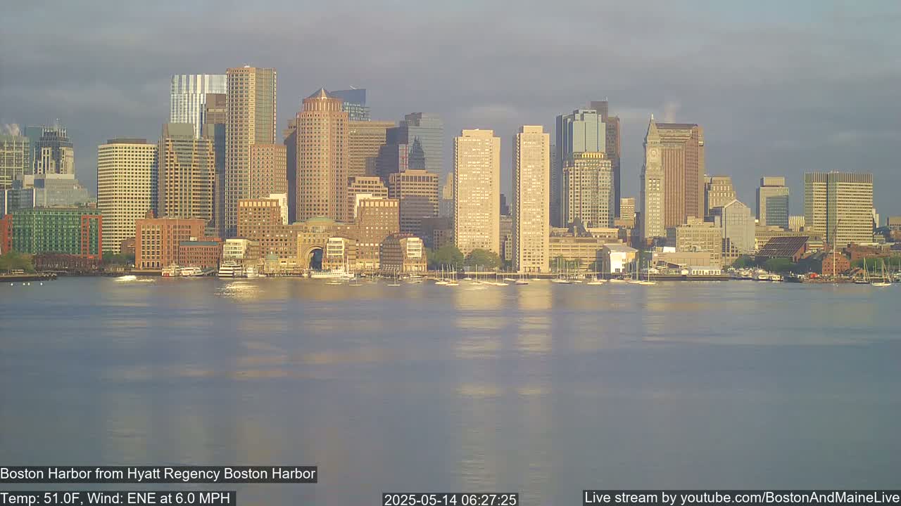 A city skyline of numerous tall buildings is seen across a calm body of water under a partly cloudy sky.