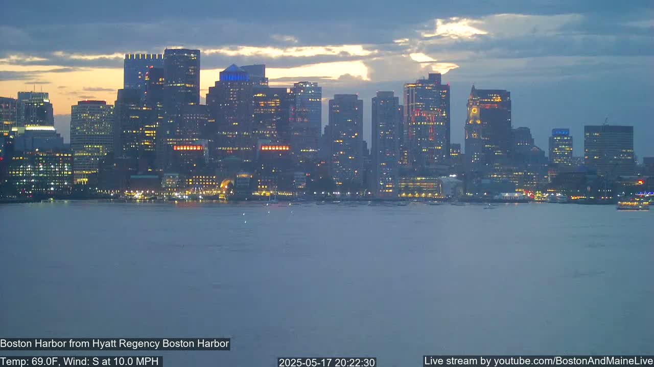 A nighttime view of a city skyline across a calm body of water under a partly cloudy sky.