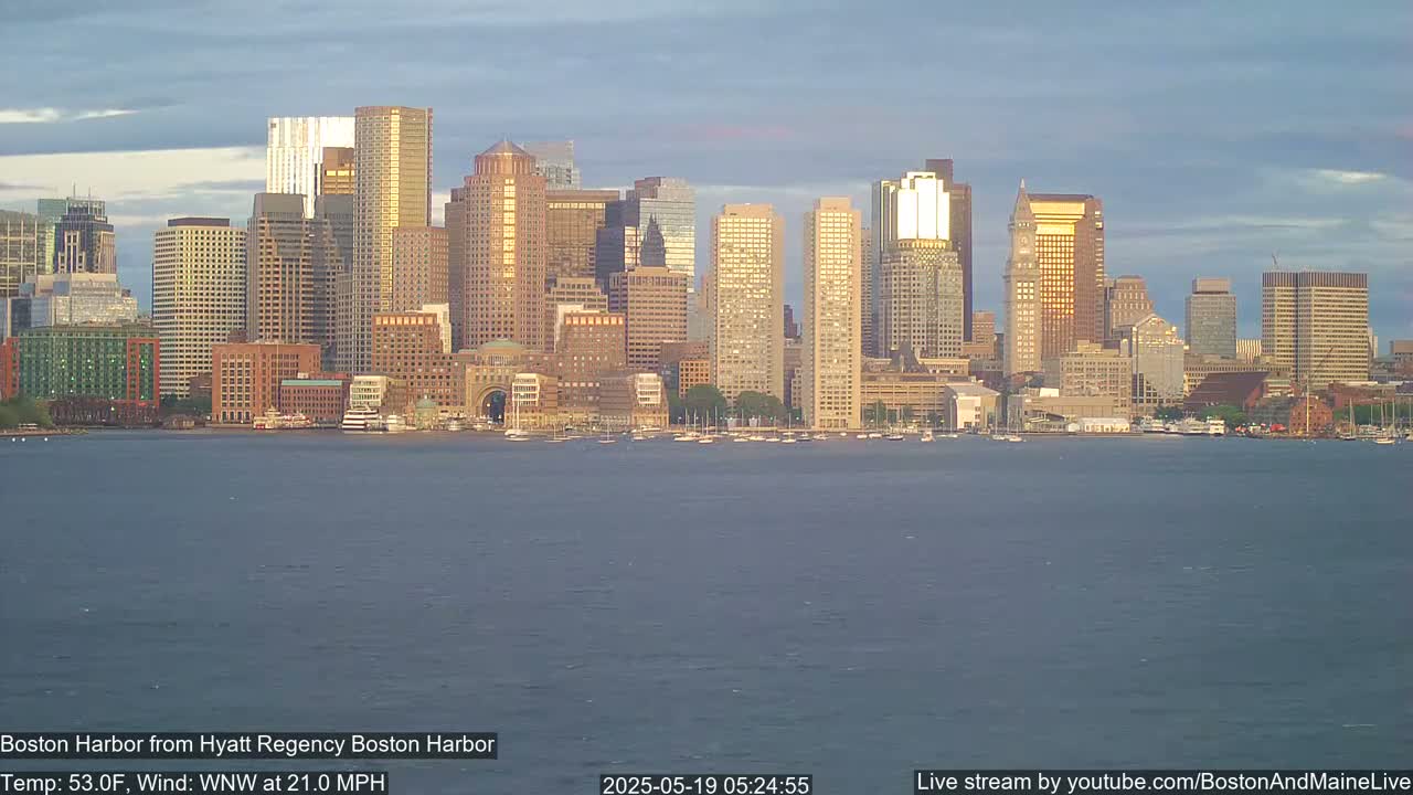 A city skyline with numerous skyscrapers is seen across a body of water under a partly cloudy sky with a moderate wind.