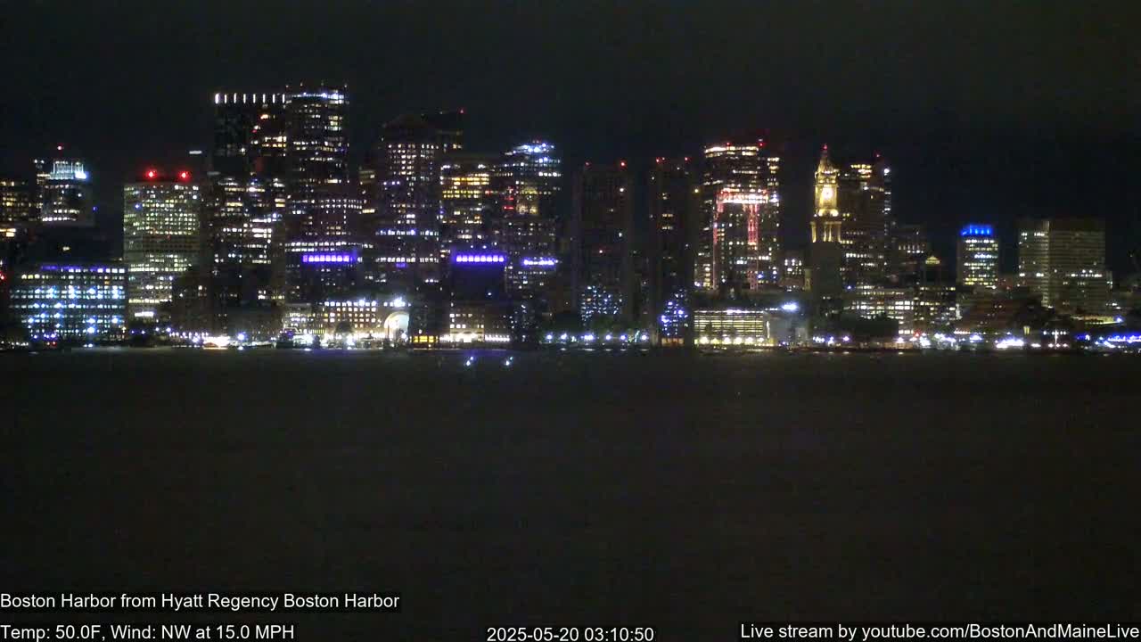 A brightly lit city skyline is visible across a dark body of water at night, under a mostly clear sky with a northwest wind at 15 mph and a temperature of 50°F.