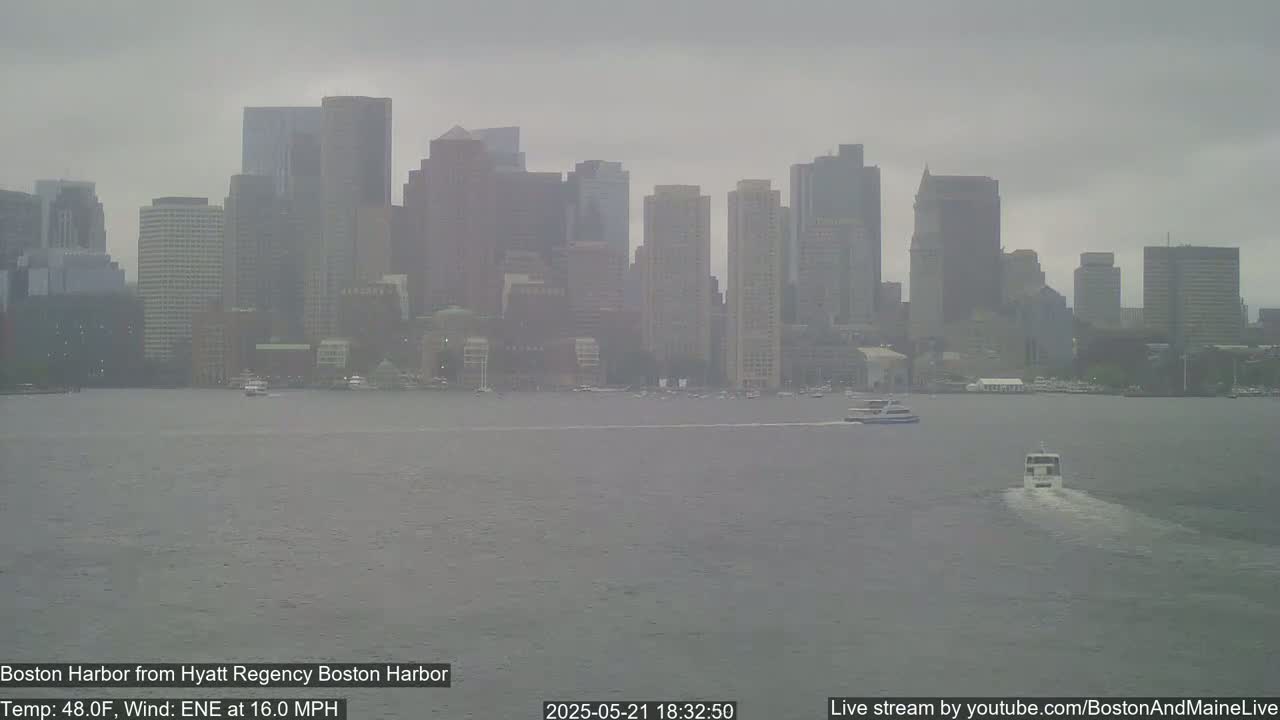 A hazy, overcast day reveals a city skyline across a harbor, with two small boats visible on the water.