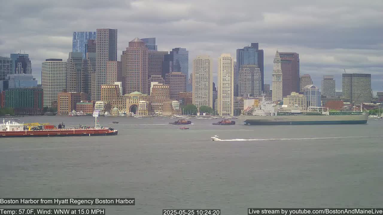 A large city skyline with many skyscrapers is seen across a harbor under a cloudy sky, with several ships and a small motorboat on the water.