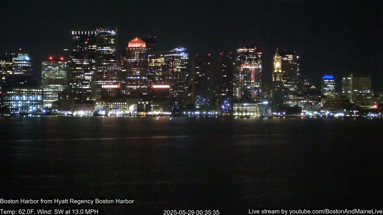 A brightly lit city skyline is visible across a dark body of water at night, with a southwest wind blowing at 13 mph and a temperature of 62 degrees Fahrenheit.