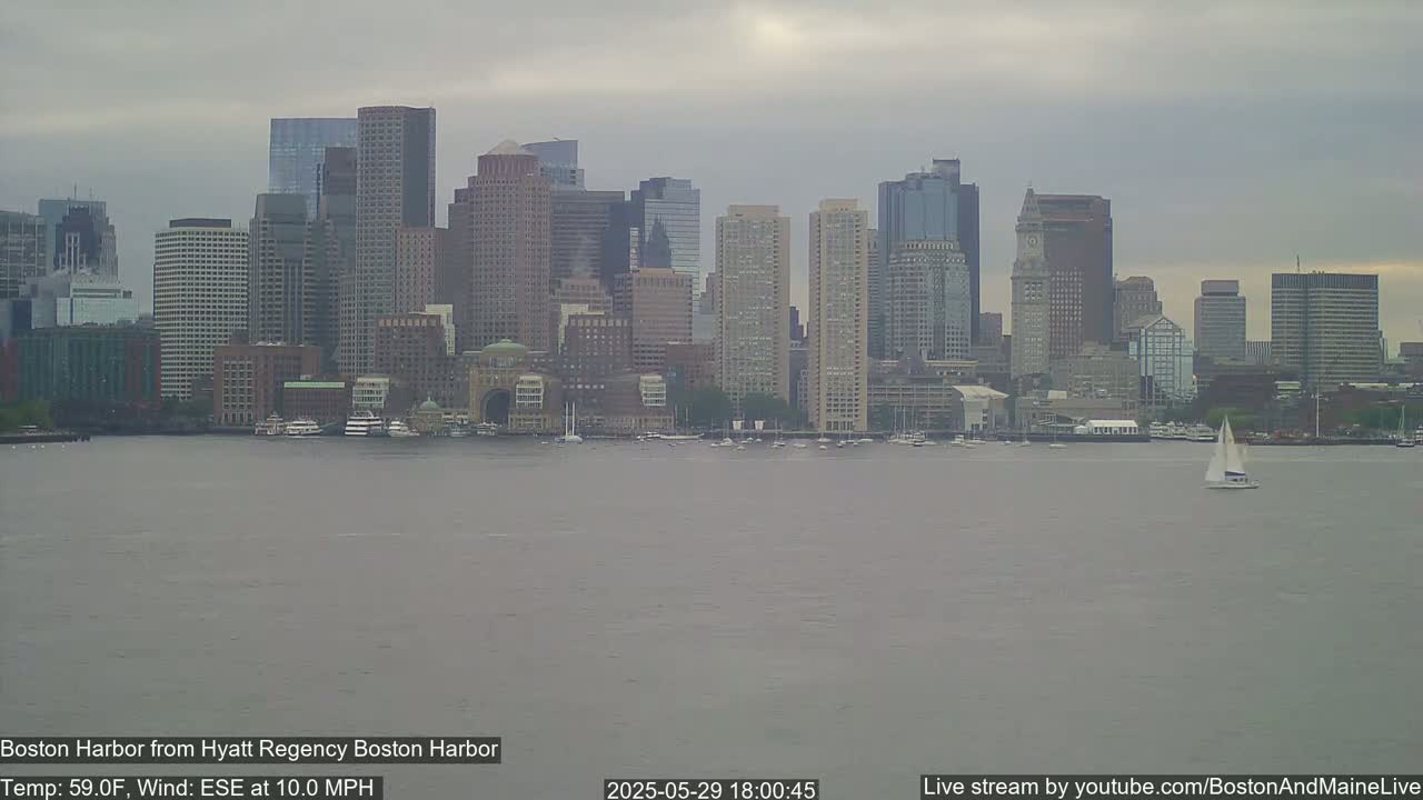 A sailboat is visible on a calm harbor in front of a city skyline under an overcast sky.