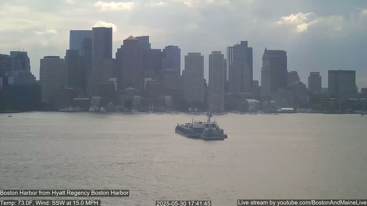 A barge is on the water in front of a city skyline under a mostly cloudy sky.