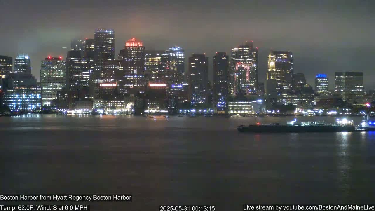 A nighttime view of a city skyline across a body of water under a foggy sky.