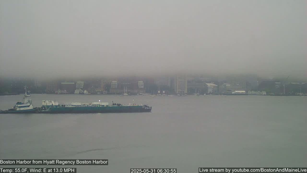 A tugboat pushes a barge on calm water in a foggy harbor with a city skyline faintly visible in the background.