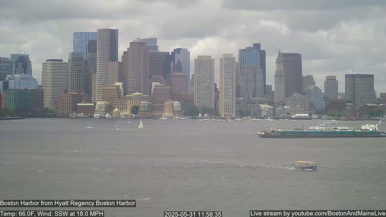 A view of the Boston skyline across a harbor on a cloudy day with an 18 mph wind.