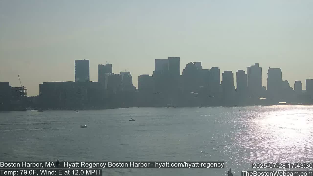 A hazy, sunny day shows a city skyline across a calm body of water with a few small boats.