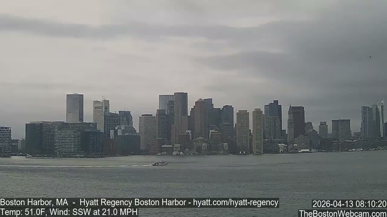 A nighttime view of the Boston city skyline, brightly lit with numerous buildings, reflects upon the dark harbor water under an overcast sky and cold temperatures.