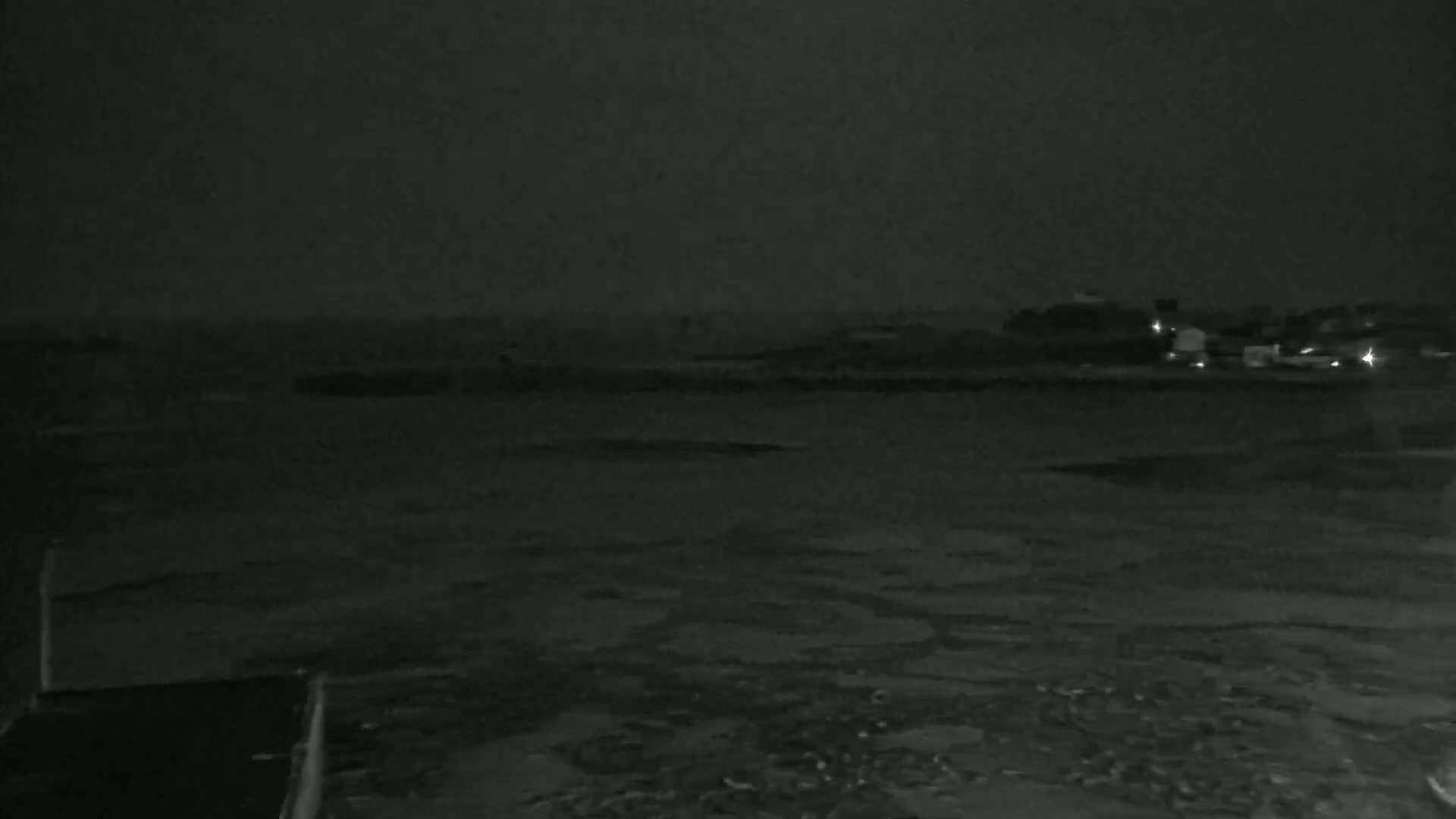 A dark, nighttime coastal scene shows a body of water in the foreground and a dimly lit shoreline in the distance under a dark, overcast sky.