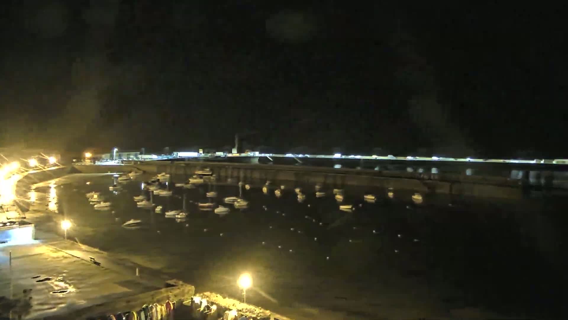 A nighttime view of a harbor filled with numerous boats, illuminated by artificial lights under a dark sky.