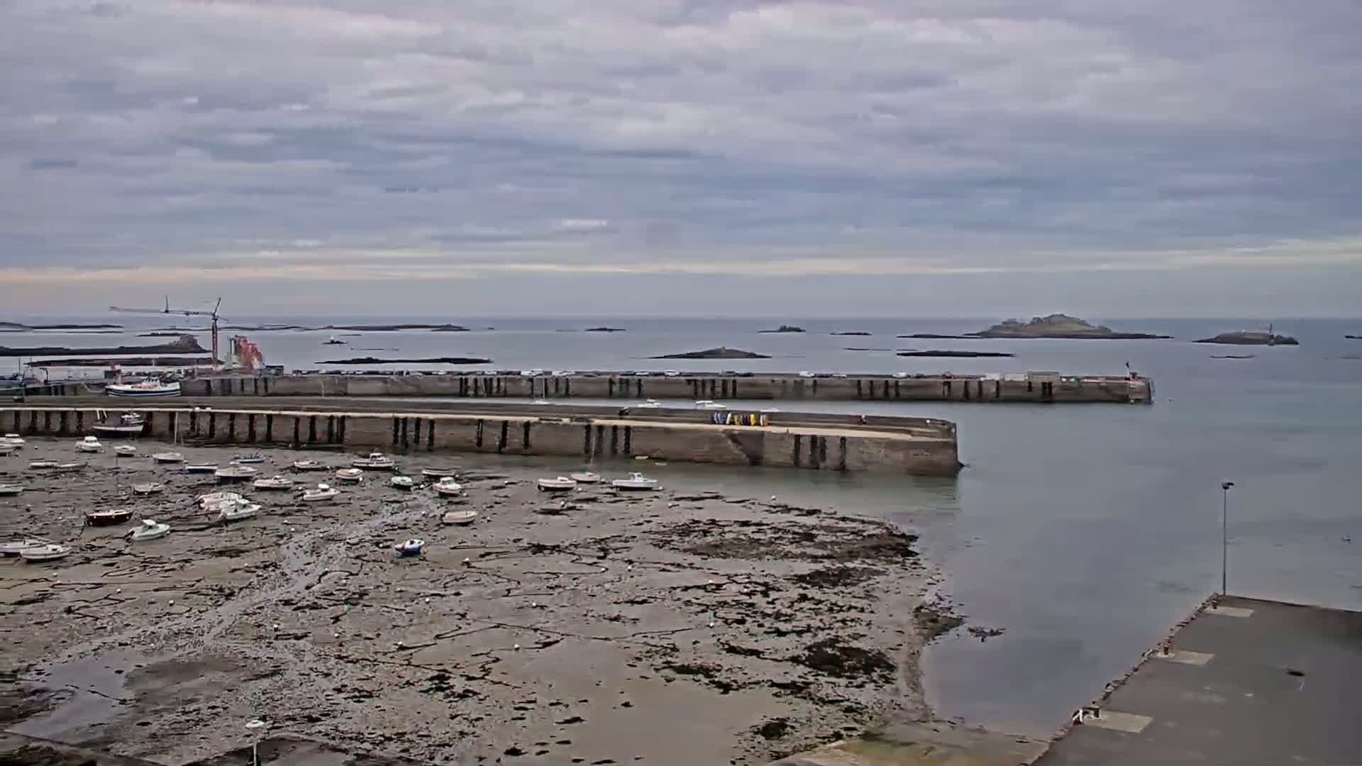 A harbor with numerous small boats resting on exposed mudflats under a cloudy sky.