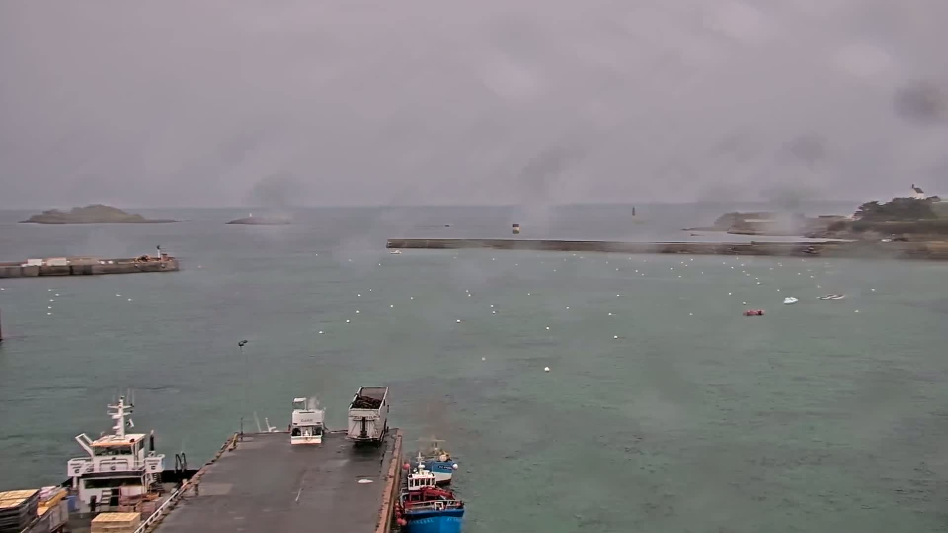 A harbor scene on an overcast day shows several boats docked, a truck on a pier, and numerous white buoys scattered in the calm water, with islands visible in the distance.