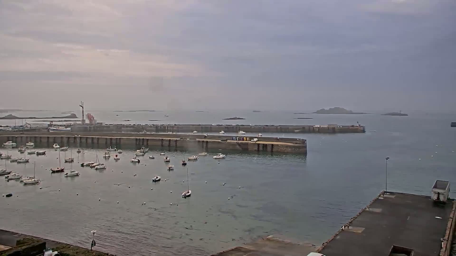 Numerous sailboats are moored in a harbor on a cloudy day, with small islands visible in the distance.