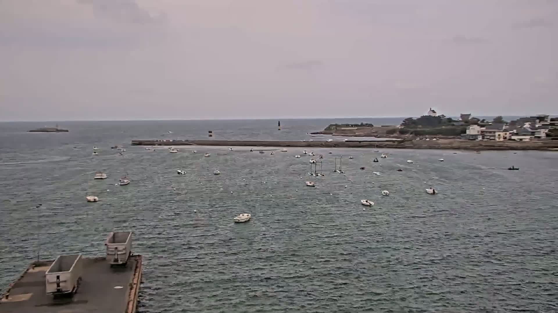 Numerous small boats are moored in a calm, gray-toned harbor under an overcast sky, near a small town situated on a peninsula.