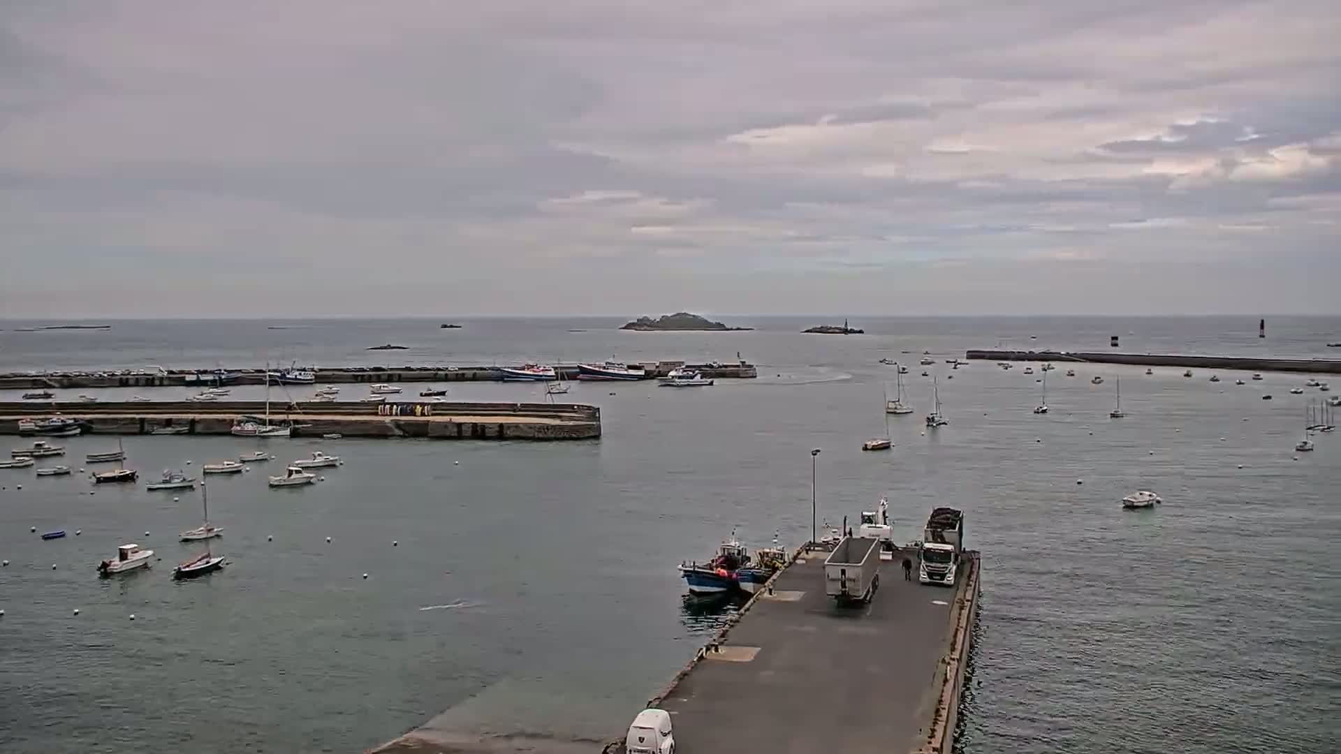 A harbor filled with numerous small boats under an overcast sky, with a larger vessel and a truck visible on a nearby dock, and a small island visible in the distance.