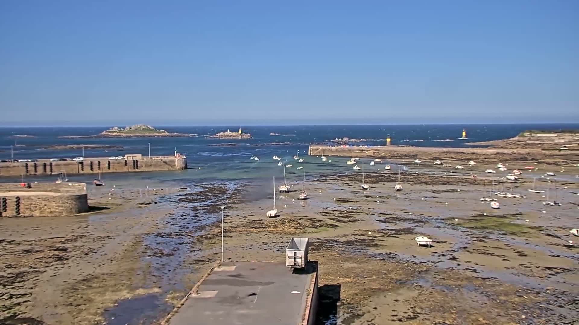 A harbor with numerous boats resting on exposed mudflats during low tide under a clear blue sky.