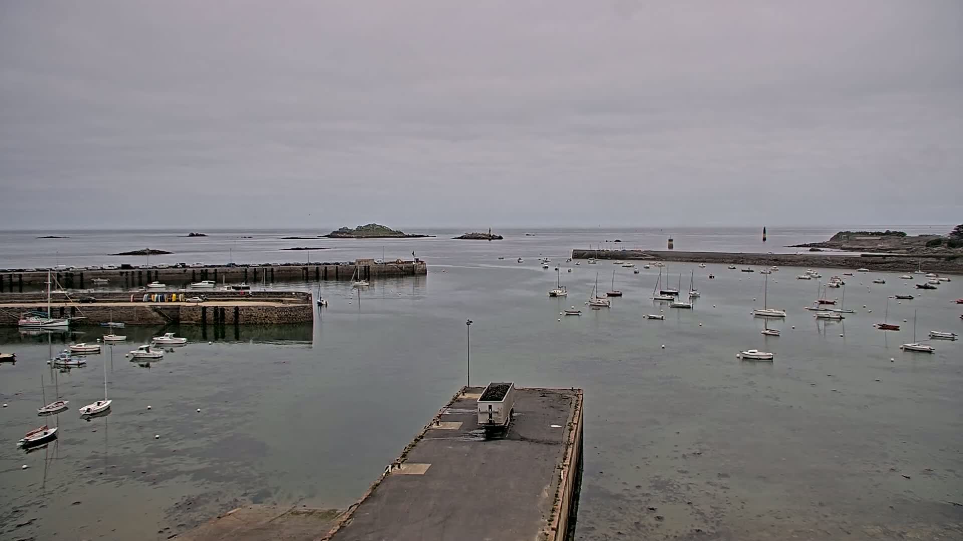 A harbor filled with numerous small boats under an overcast sky, with a distant landmass visible across calm water.