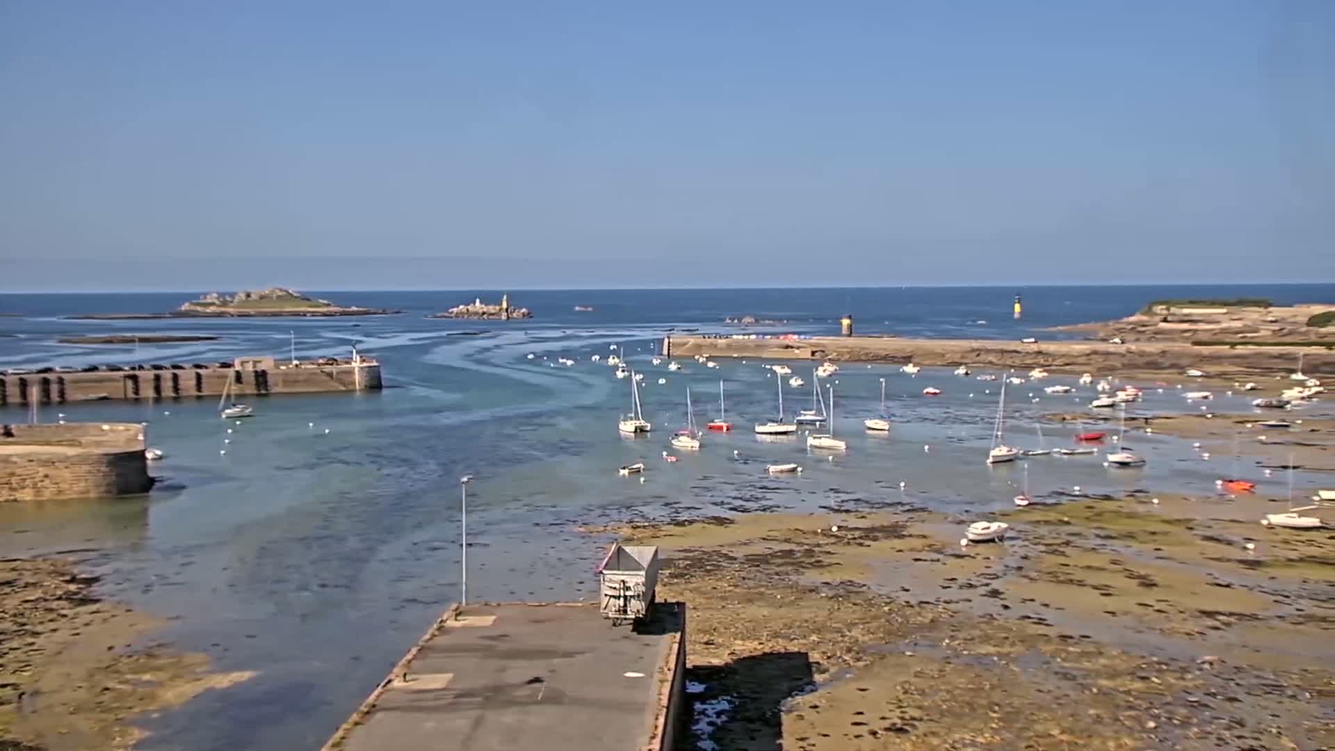 A harbor filled with sailboats at low tide under a clear blue sky.