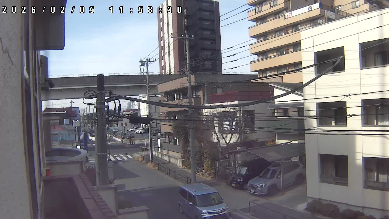 Tokyo, Yazaike, Ogubashi-Dori Avenue / Yazaike 3  Intersection & Nippori Toneri Liner 3. km Viaduct towrads South  ( 東京・谷在家・尾久橋通り / 谷在家3交差点＆日暮里舎人ライナー高架橋 ) Live Cam -  1 Chome, Yazaike, Adachi-ku, Tokyo, Kanto, Honshu, Japan