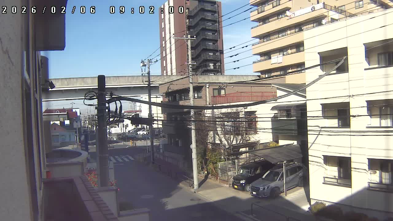 Tokyo, Yazaike, Ogubashi-Dori Avenue / Yazaike 3  Intersection & Nippori Toneri Liner 3. km Viaduct towrads South  ( 東京・谷在家・尾久橋通り / 谷在家3交差点＆日暮里舎人ライナー高架橋 ) Live Cam -  1 Chome, Yazaike, Adachi-ku, Tokyo, Kanto, Honshu, Japan