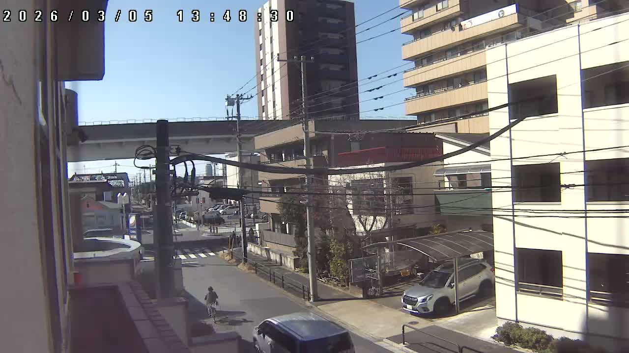 Tokyo, Yazaike, Ogubashi-Dori Avenue / Yazaike 3  Intersection & Nippori Toneri Liner 3. km Viaduct towrads South  ( 東京・谷在家・尾久橋通り / 谷在家3交差点＆日暮里舎人ライナー高架橋 ) Live Cam -  1 Chome, Yazaike, Adachi-ku, Tokyo, Kanto, Honshu, Japan