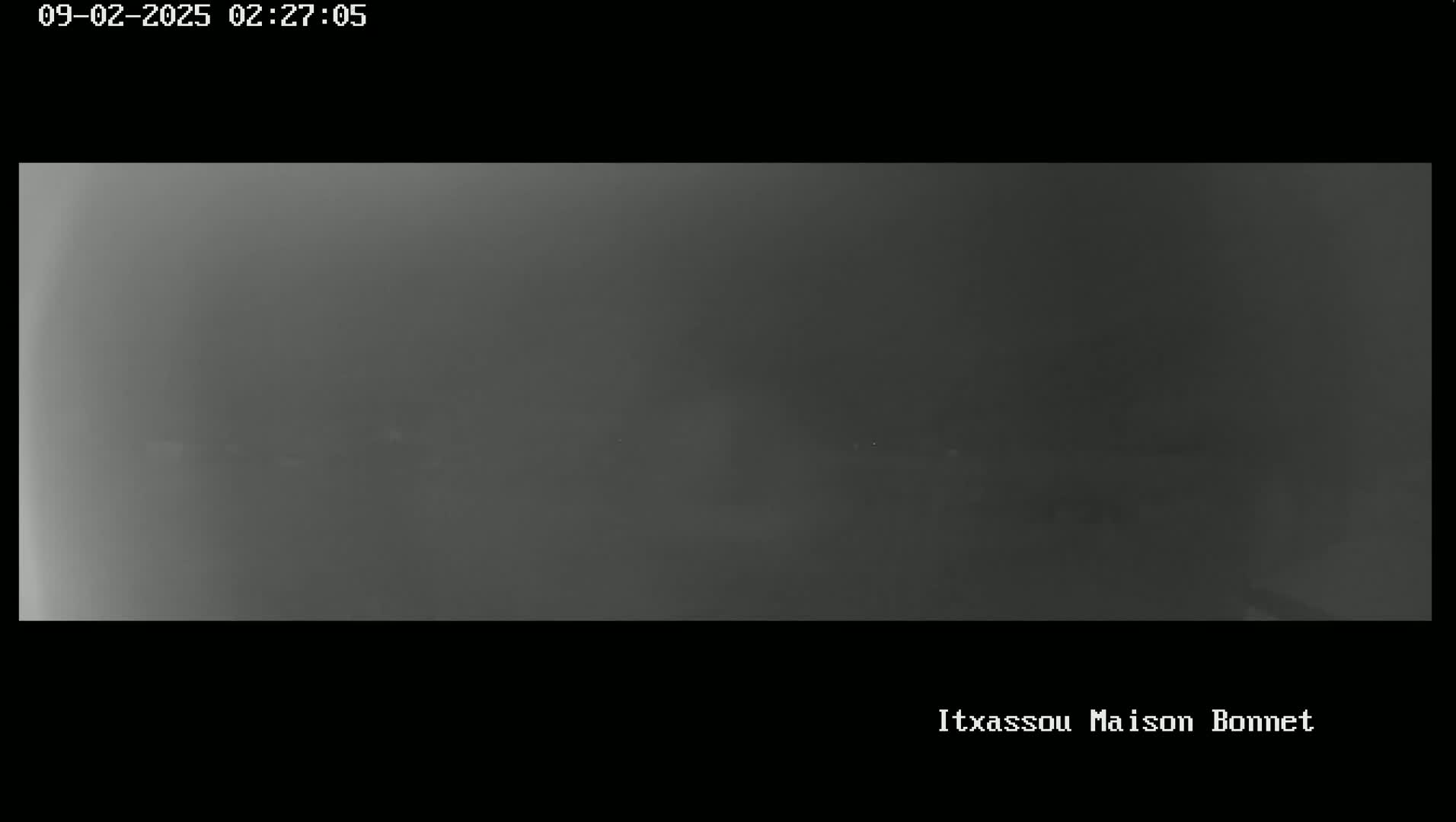 A nighttime, foggy view of a dimly lit landscape.