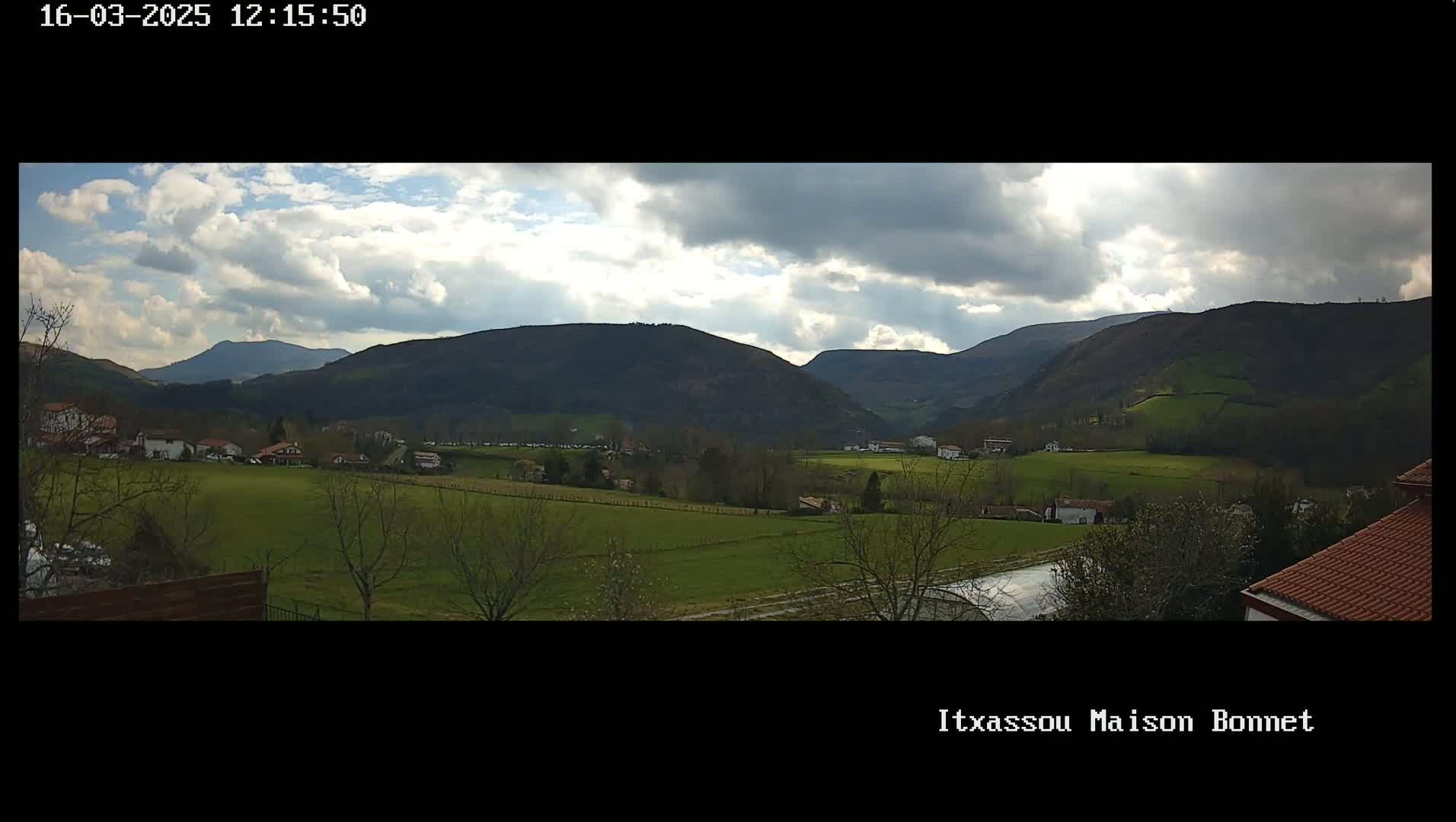 A panoramic view of a valley with rolling green hills, sparsely scattered houses, and a partly cloudy sky.