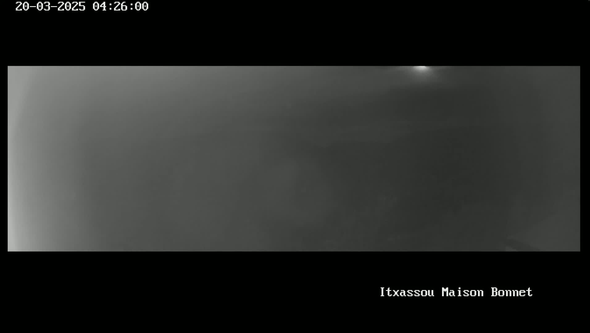 A foggy, dark gray scene is visible at night, with a faint light source in the distance.