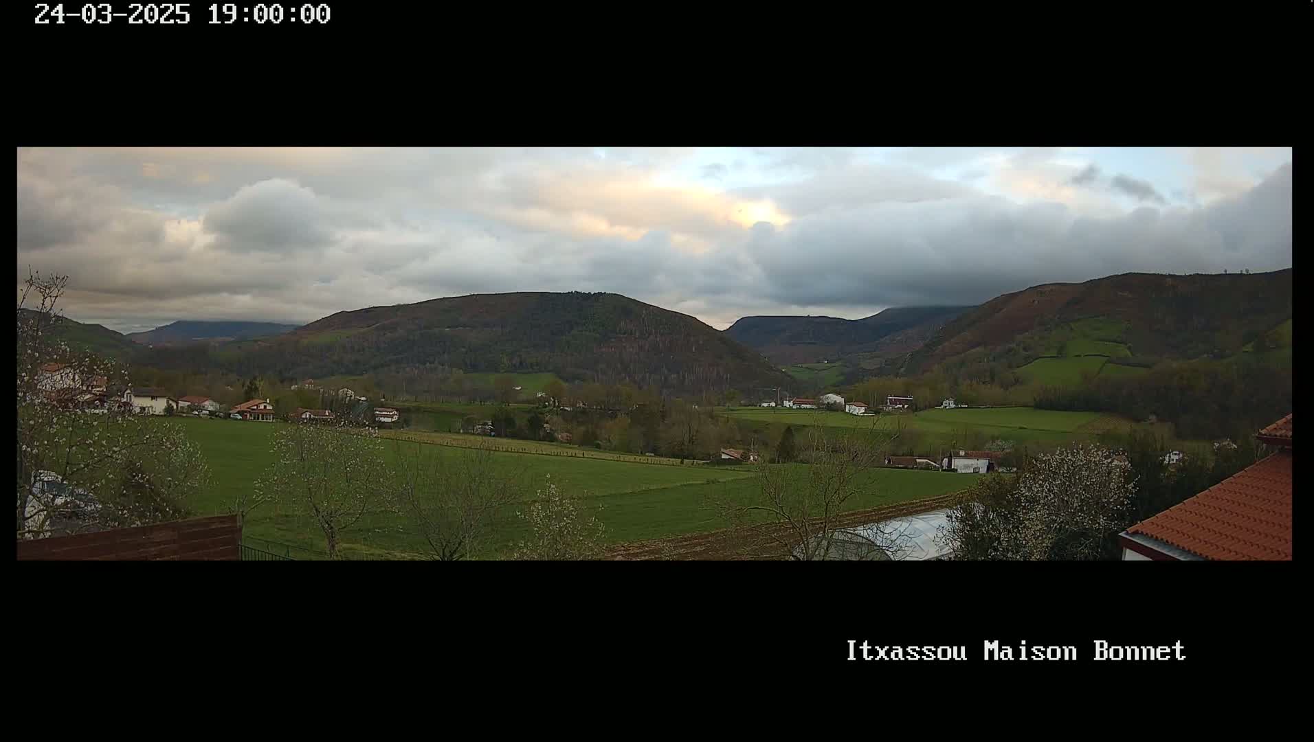 A panoramic view of a verdant valley dotted with houses and farms under a partly cloudy sky.
