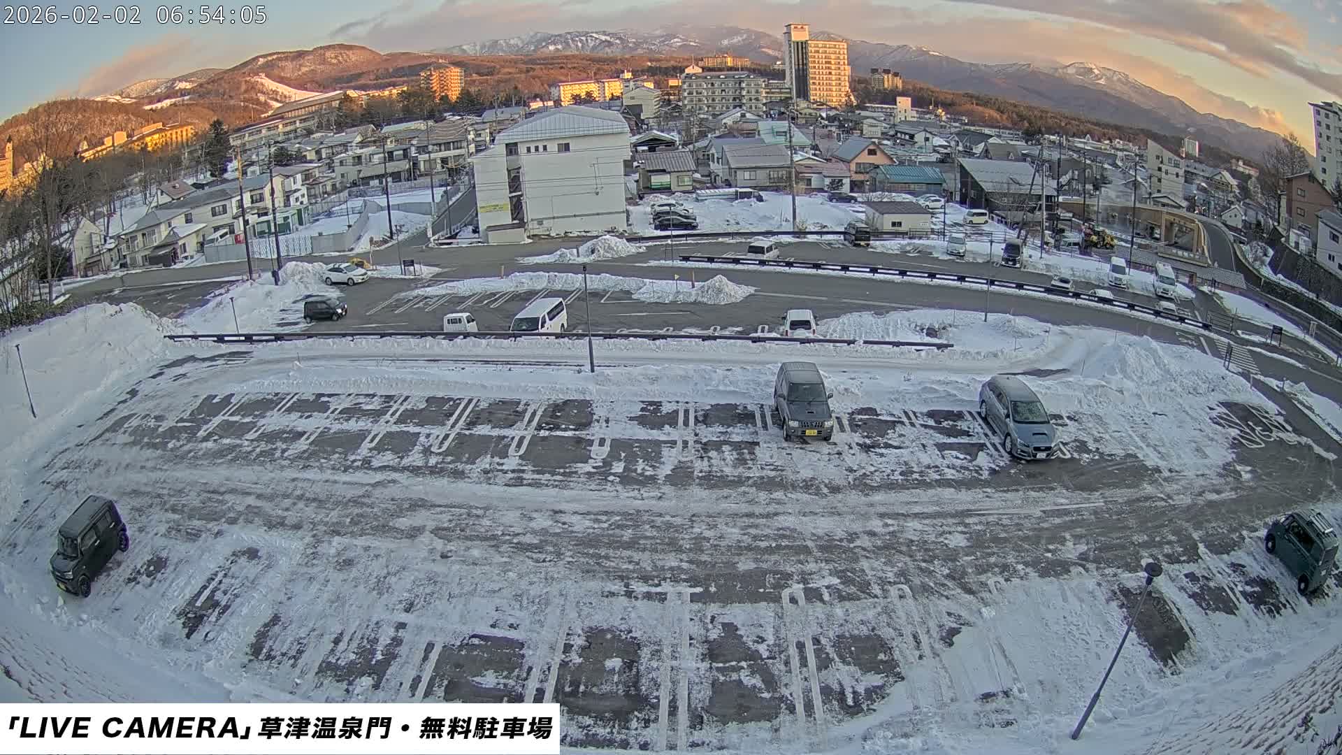 Gunma, Kusatsu Onsen Gate Car Parking Hot Spring Mon Parking Lot & Kusatsu Skyline View towards Northeast ( 群馬県草津温泉門前駐車場と北東方向の草津スカイラインの眺め ) Live Cam  - Kusatsu, Agatsuma-gun , Gunma, Kantō, Honshu, 