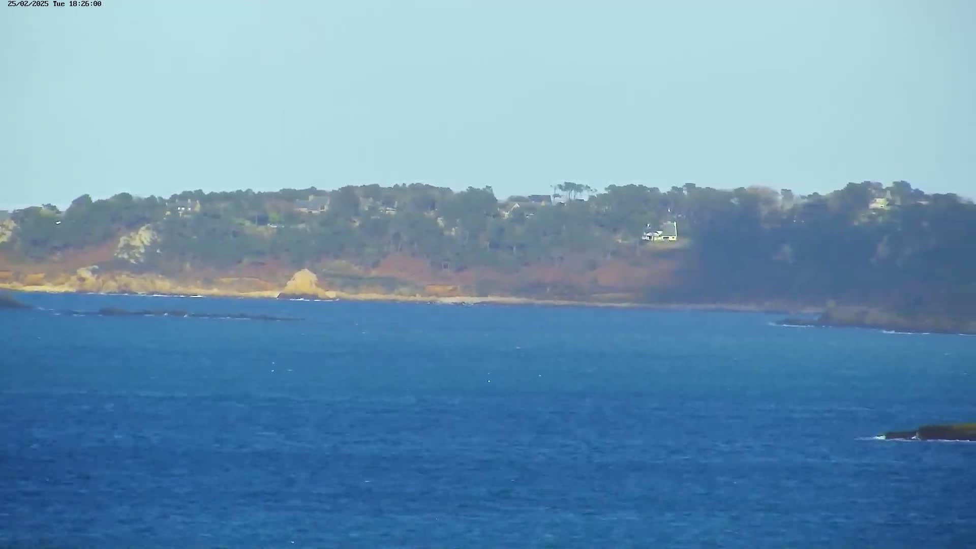 A calm, blue ocean stretches before a tree-covered coastline on a clear day.