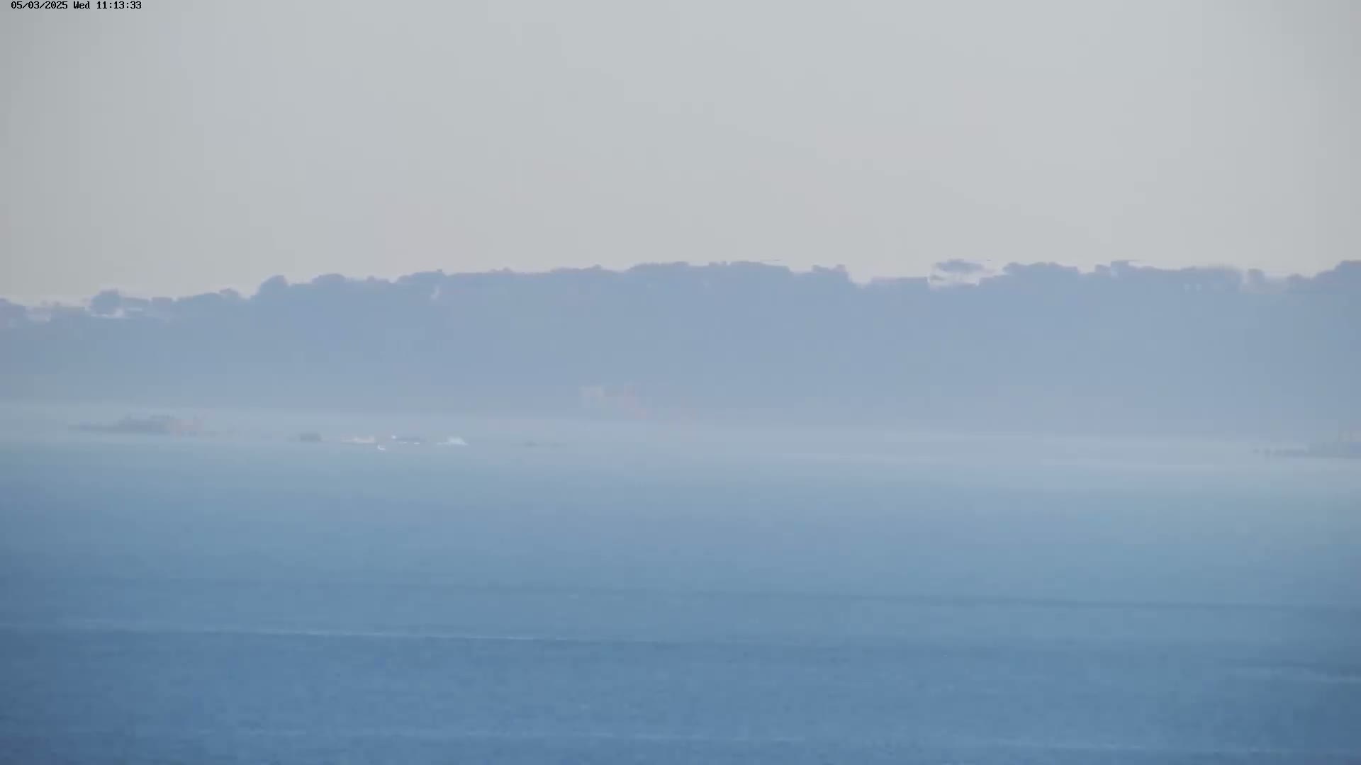 A hazy, distant shoreline of trees is visible across a calm, blue body of water.