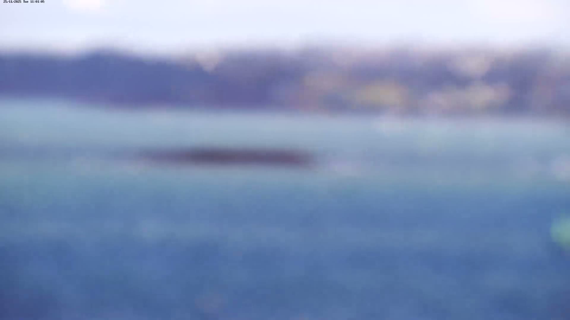 A heavily blurred outdoor scene depicts a light sky over dark, indistinct distant land, separated by calm blue water featuring a blurry dark horizontal shape in the middle, under hazy daytime conditions.