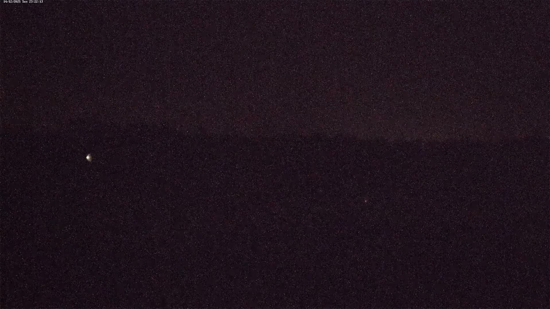 A heavily blurred outdoor scene depicts a light sky over dark, indistinct distant land, separated by calm blue water featuring a blurry dark horizontal shape in the middle, under hazy daytime conditions.