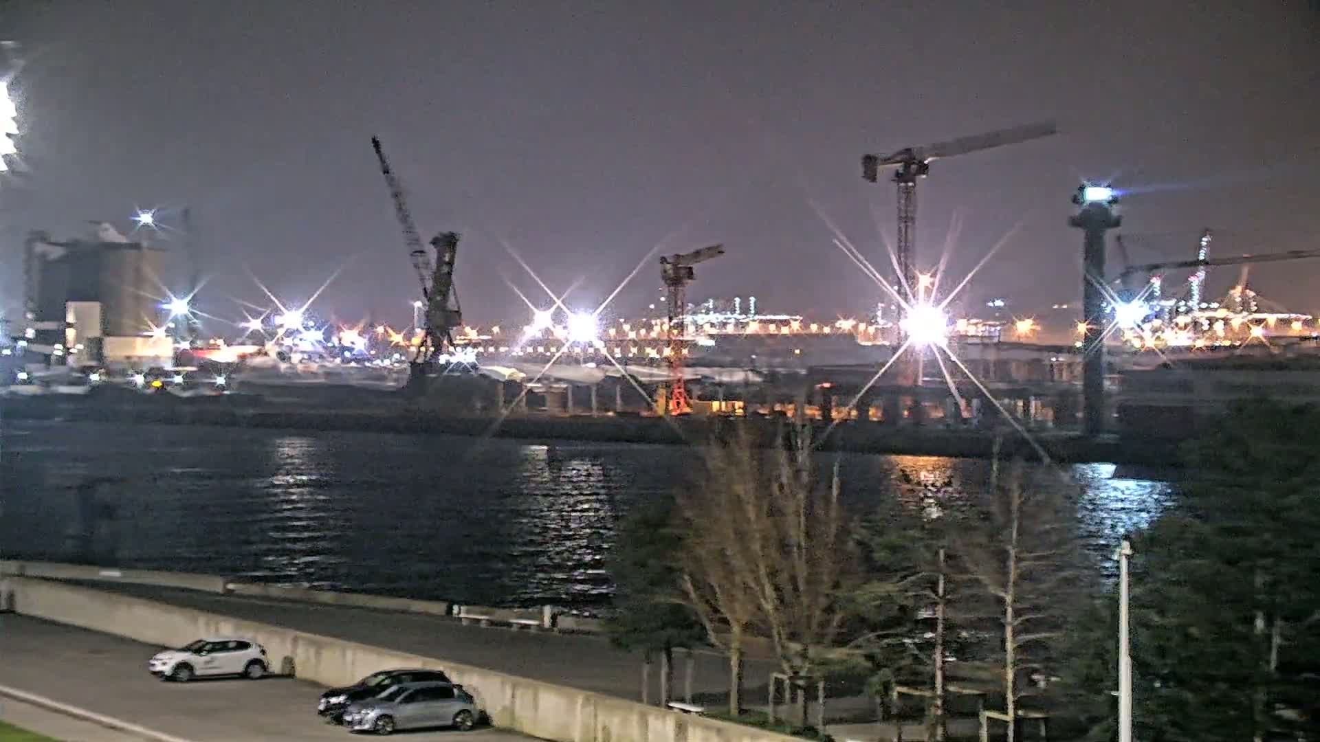 A nighttime view of a harbor with several cranes and industrial structures illuminated, across a body of calm water from a park-like area with sparsely-leafed trees and a few parked cars.