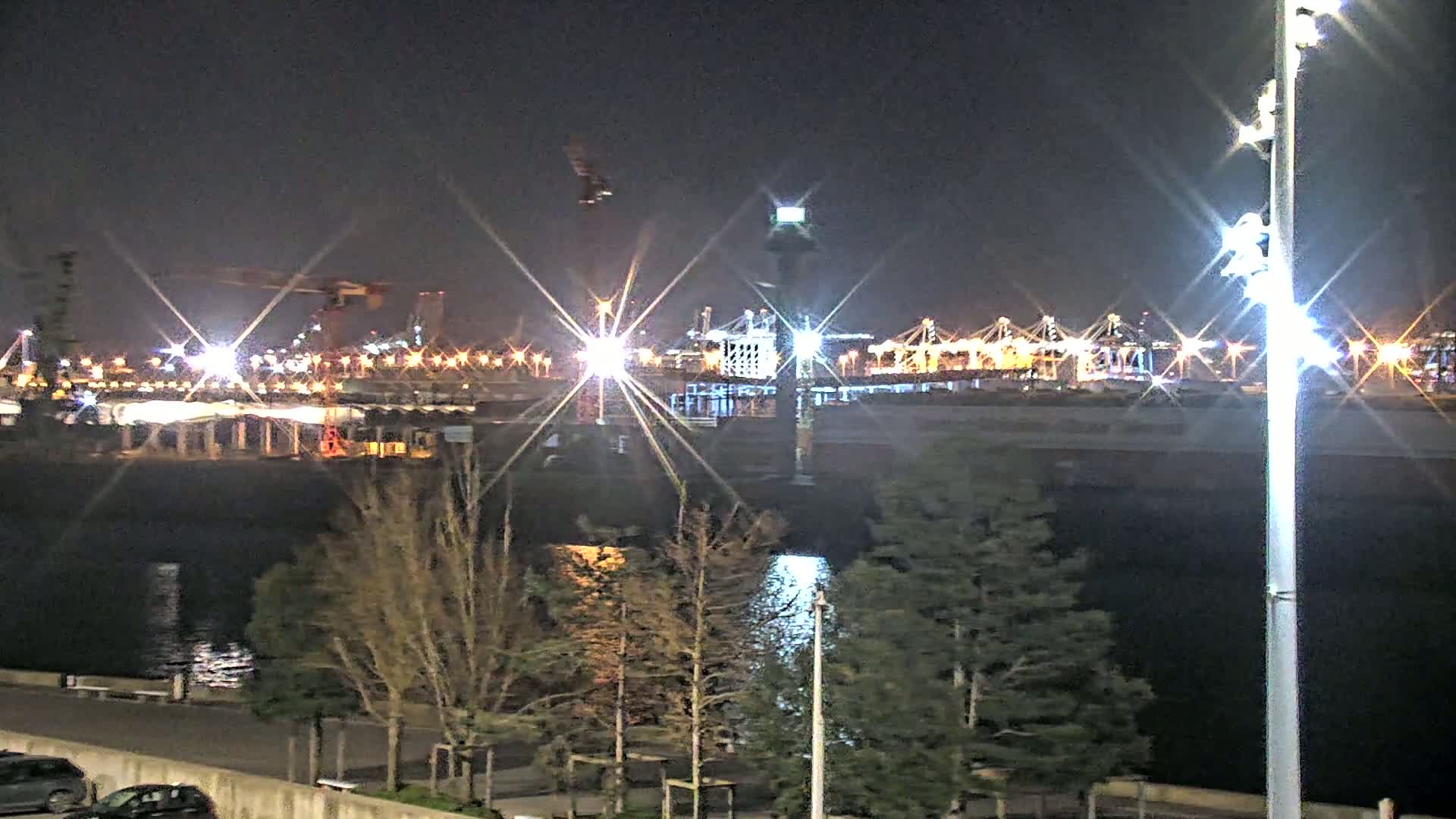 A nighttime view of a brightly lit industrial port across a dark body of water, with bare trees in the foreground.