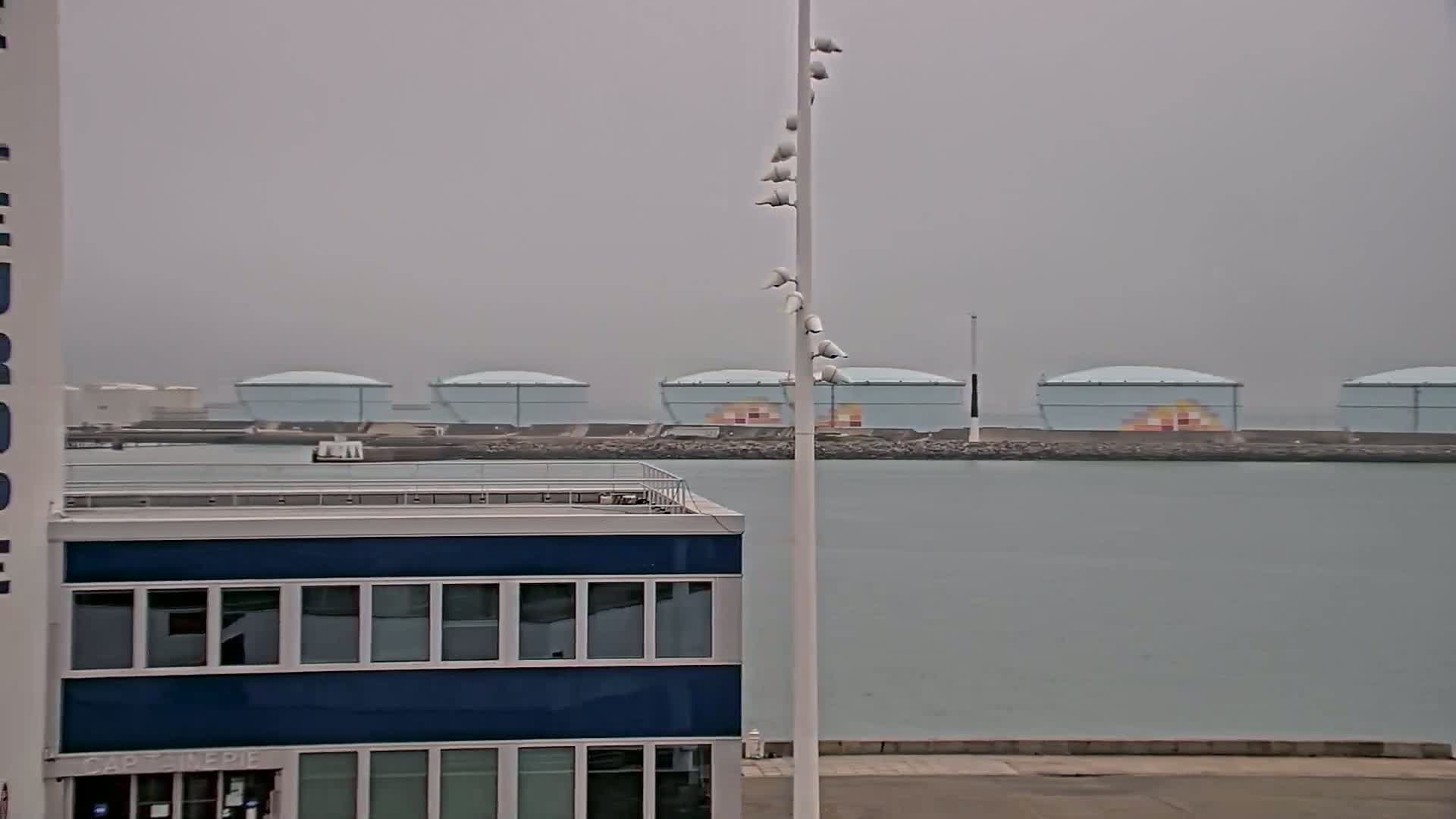 A blue building with many windows is in the foreground, overlooking a calm body of water where several large, light-blue storage tanks sit on a distant breakwater under an overcast sky.