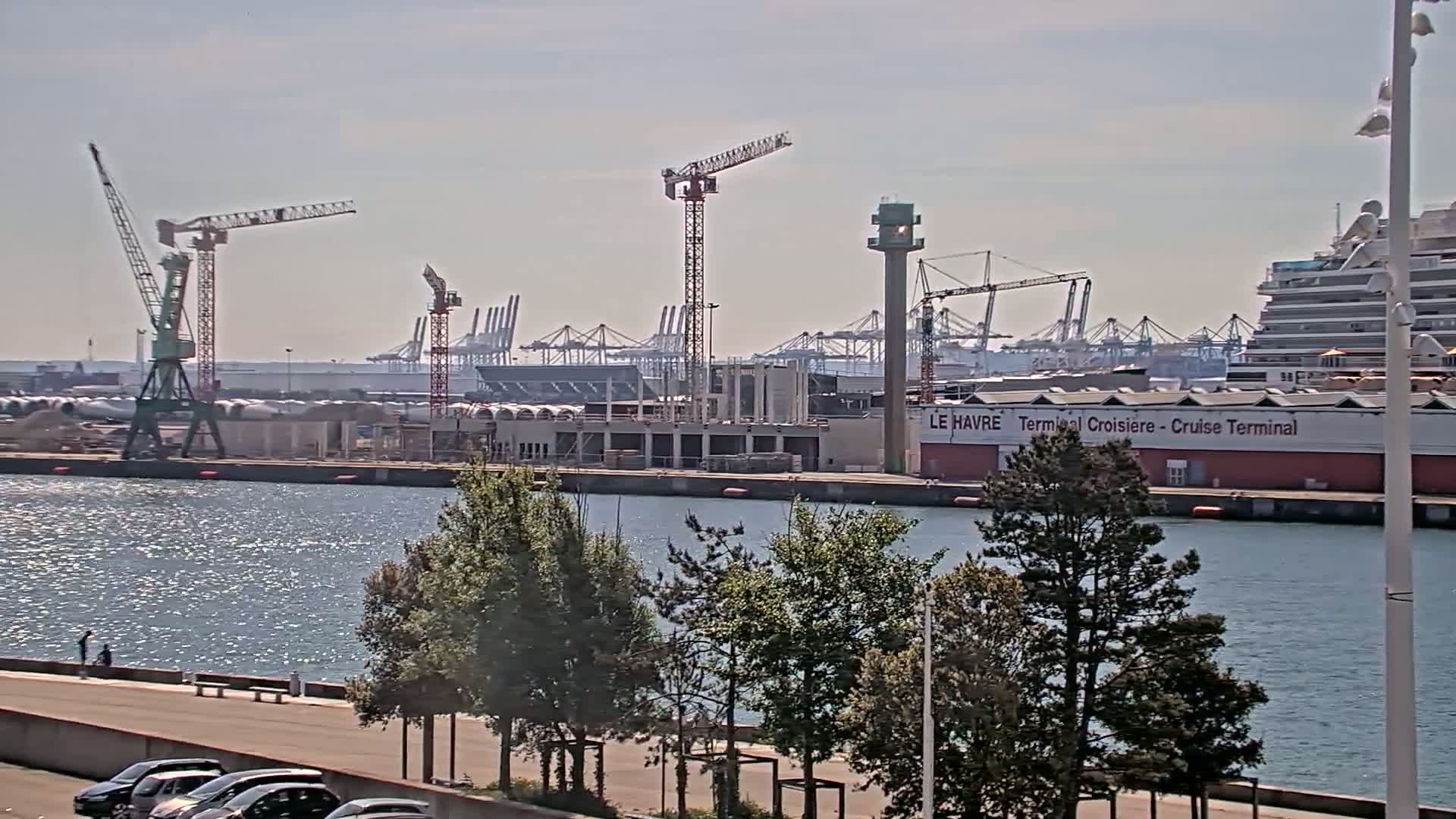 A sunny day at a harbor shows several cranes, a cruise ship docked at a terminal, and construction underway, all viewed from across a body of water lined with trees.