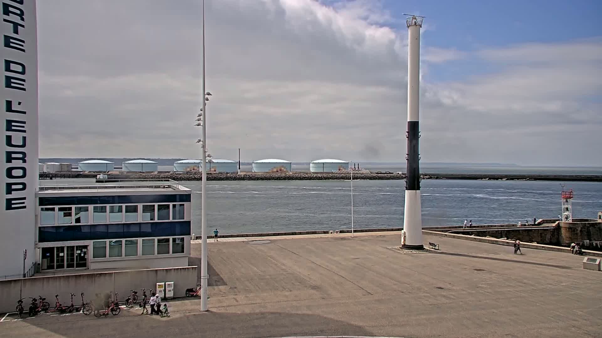 A harbor scene under a partly cloudy sky shows a tall lighthouse, a row of storage tanks across the water, a building, and several people walking near bicycles.
