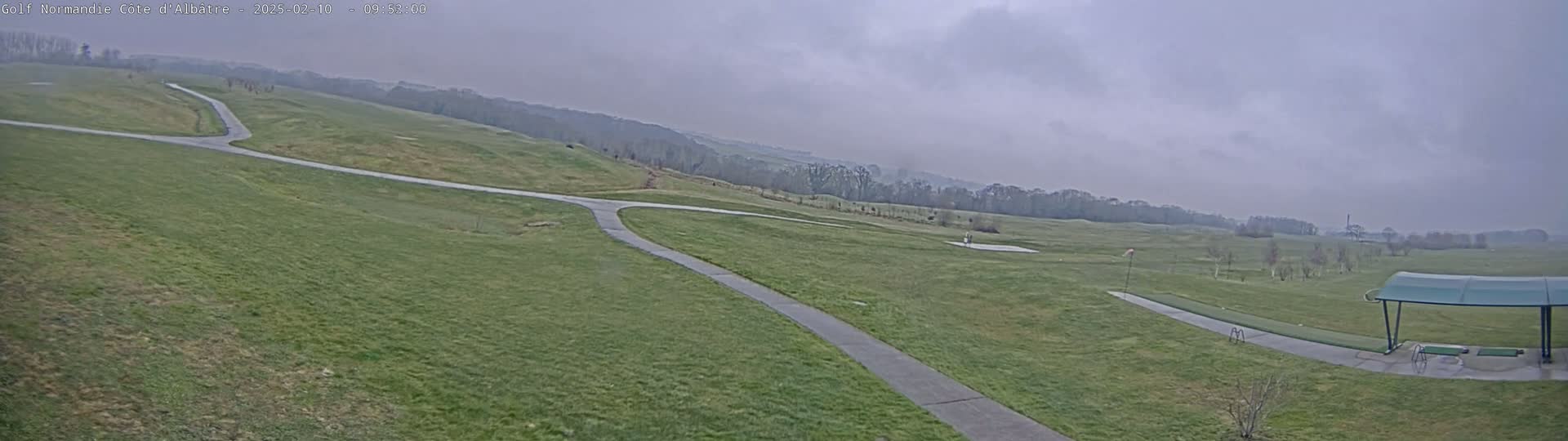 A golf course with a paved path under an overcast sky.