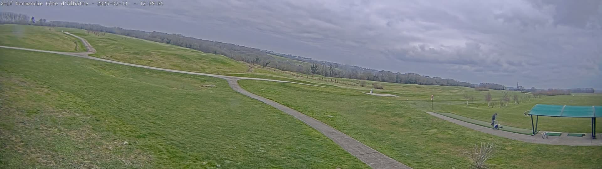 A golf course with a paved path, under a cloudy sky.