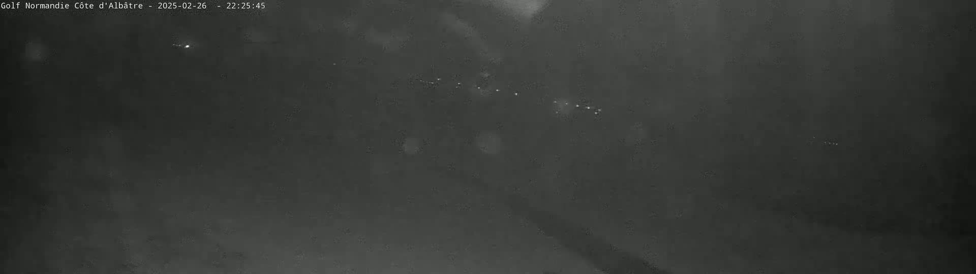 A dark, nighttime view shows a blurry road with faint lights in the distance under an overcast sky.