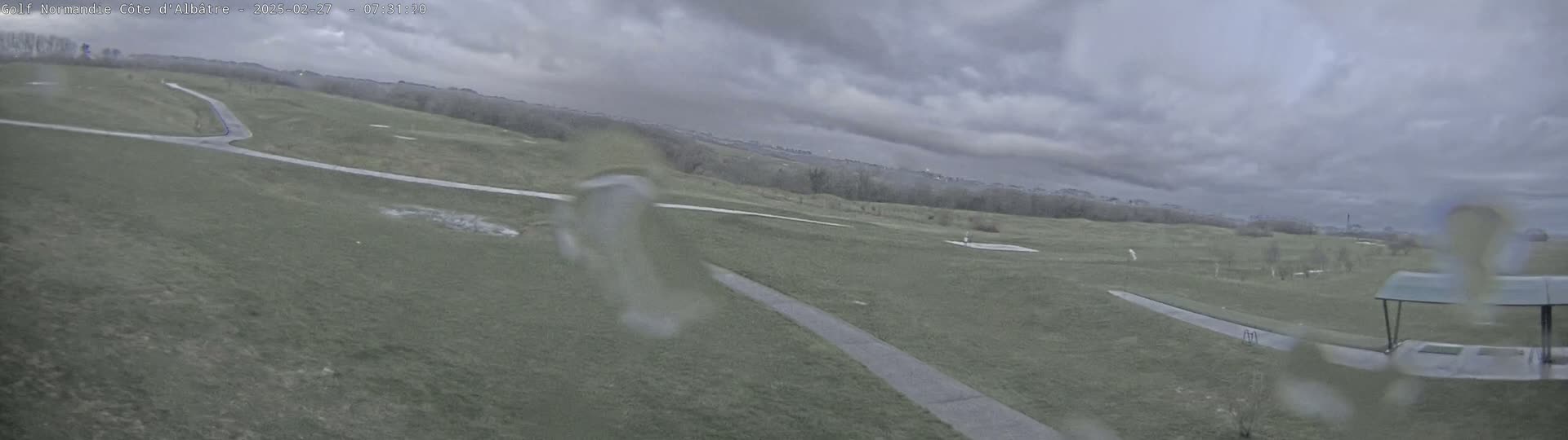 A view of a golf course on an overcast day with rain on the camera lens.