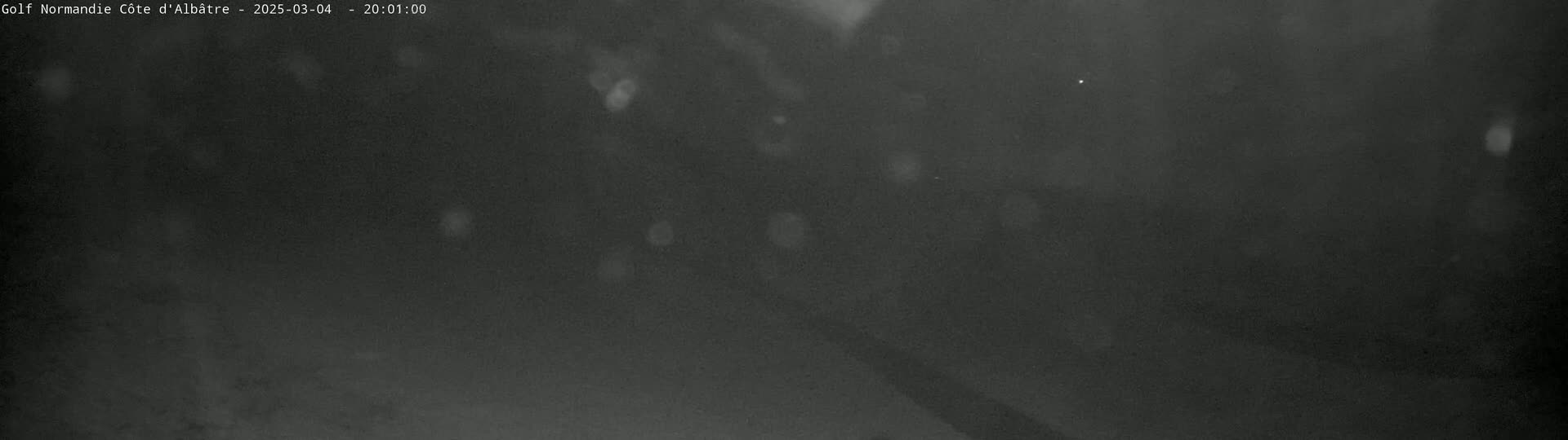 A dark, blurry nighttime scene shows light snow falling.