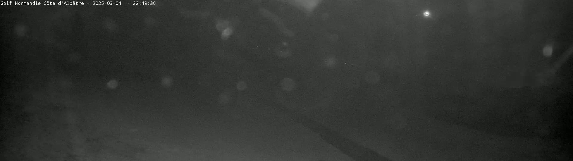 A dark, nighttime scene with blurry, indistinct shapes and faint light sources visible in the distance.