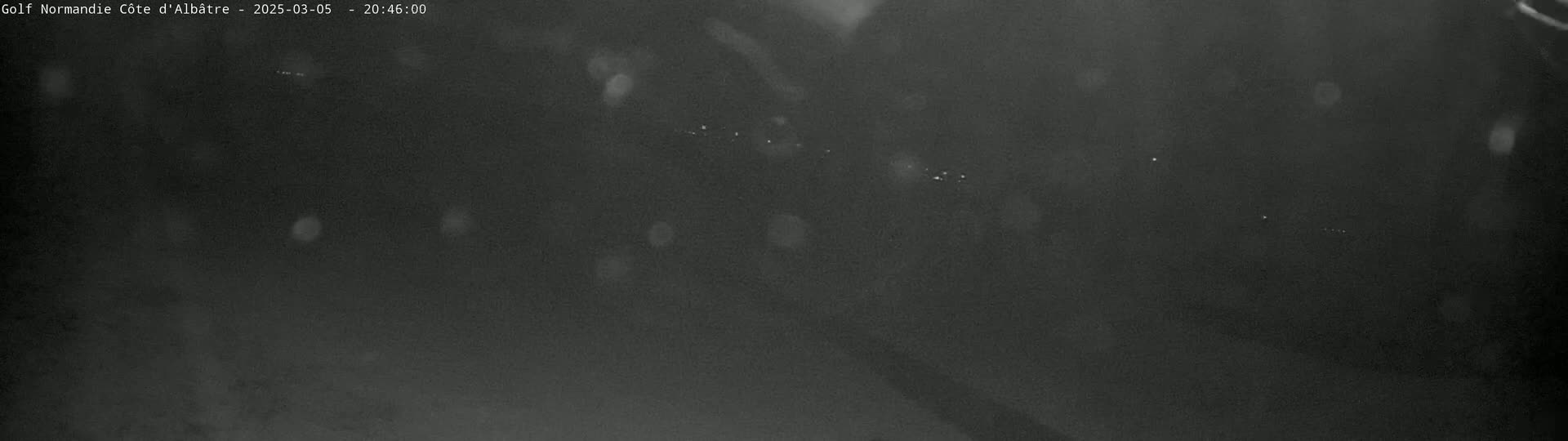 A nighttime, low-light image shows a dark, possibly snowy or rainy scene with a few distant lights visible in the far background.